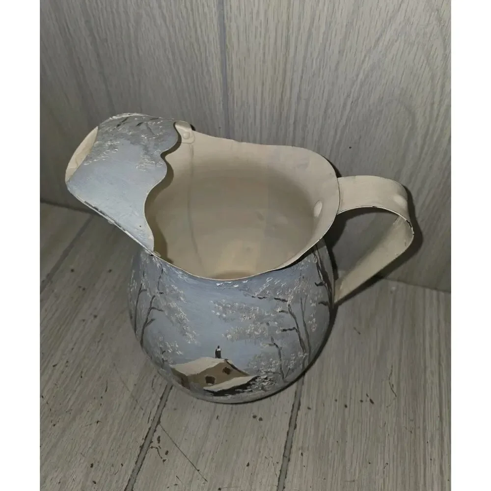 Vintage Hand Painted Metal Pitcher Winter Country Scene Artist Signed Farmhouse